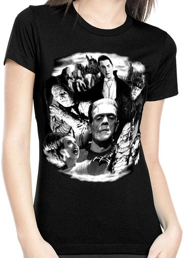 Universal Monsters Collage Juniors Dracula Bride Glow T-Shirt