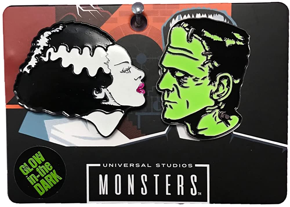 Rock Rebel Bride of Frankenstein & Frankenstein Glow in the Dark Enamel Pin Set