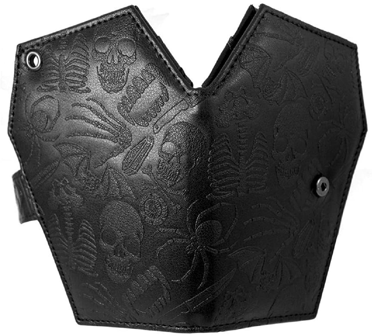 Front and back view of the coffin shaped wallet when opened.