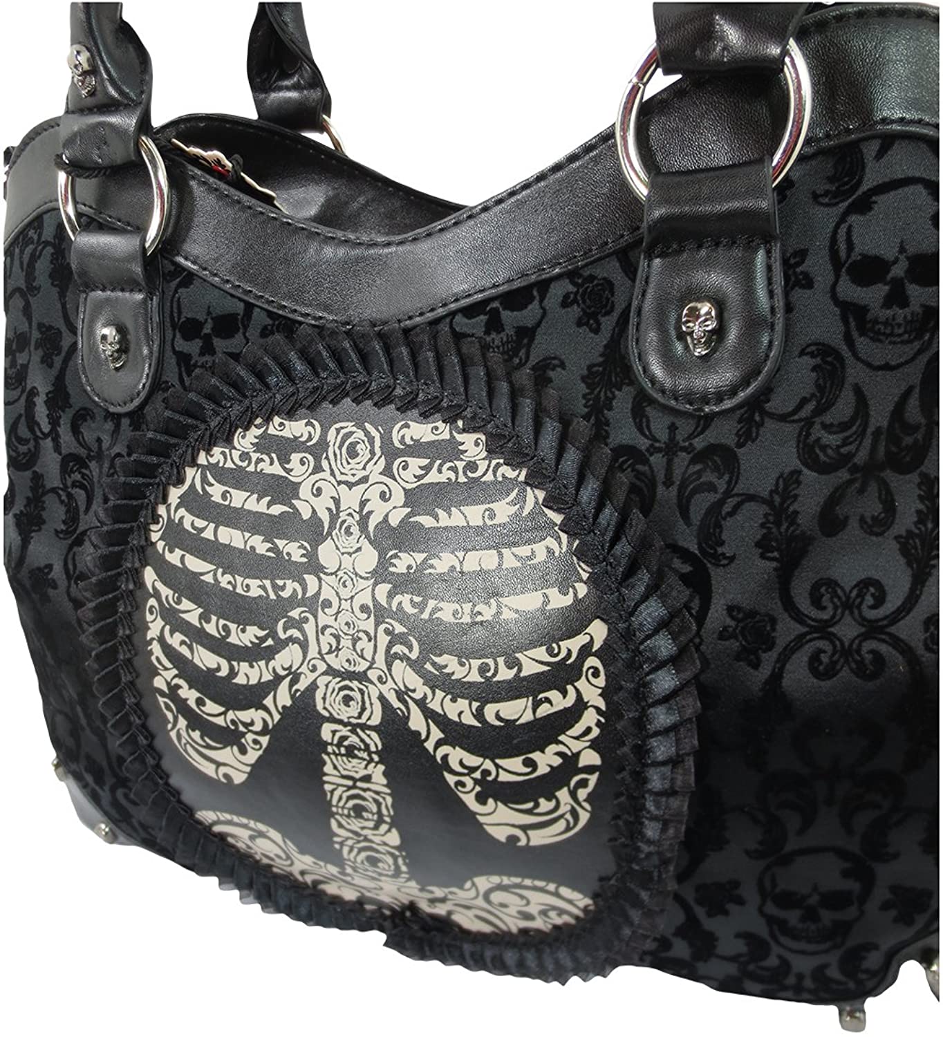 Lost Queen Black Goth Steampunk Flocked Ribcage Skeleton Cameo Handbag Shoulder Bag, Large