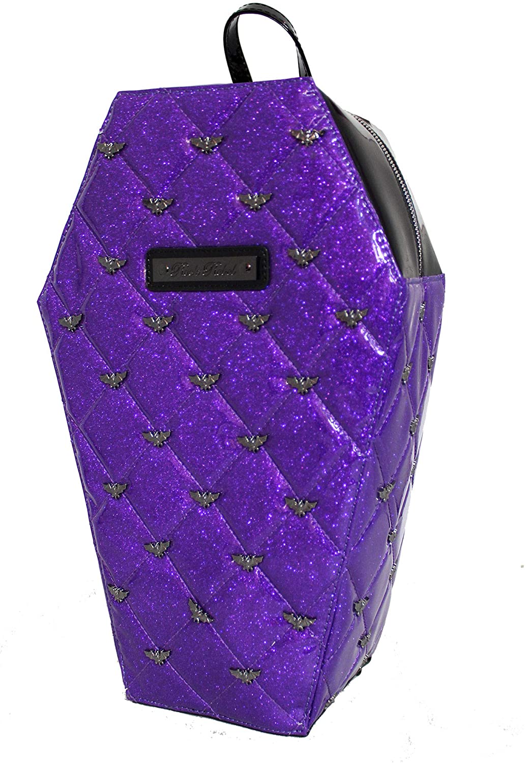 Rock Rebel Mina Purple Glitter & Black Bat Studded Quilted Coffin Backpack Purse