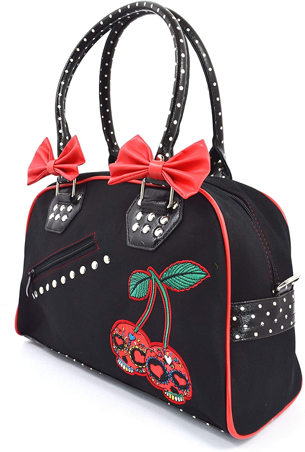 Lost Queen Cherry Bomb Skull Cherries Polka Dot Bow Handbag Rockabilly Black Red