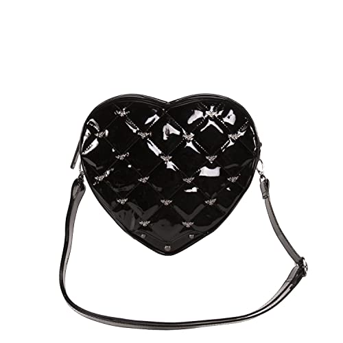 Quilted Flying Bat Studded Mina Women’s Shoulder Bag Heart Shaped Dracula Purse (Glossy Black)