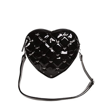Quilted Flying Bat Studded Mina Women’s Shoulder Bag Heart Shaped Dracula Purse (Glossy Black)