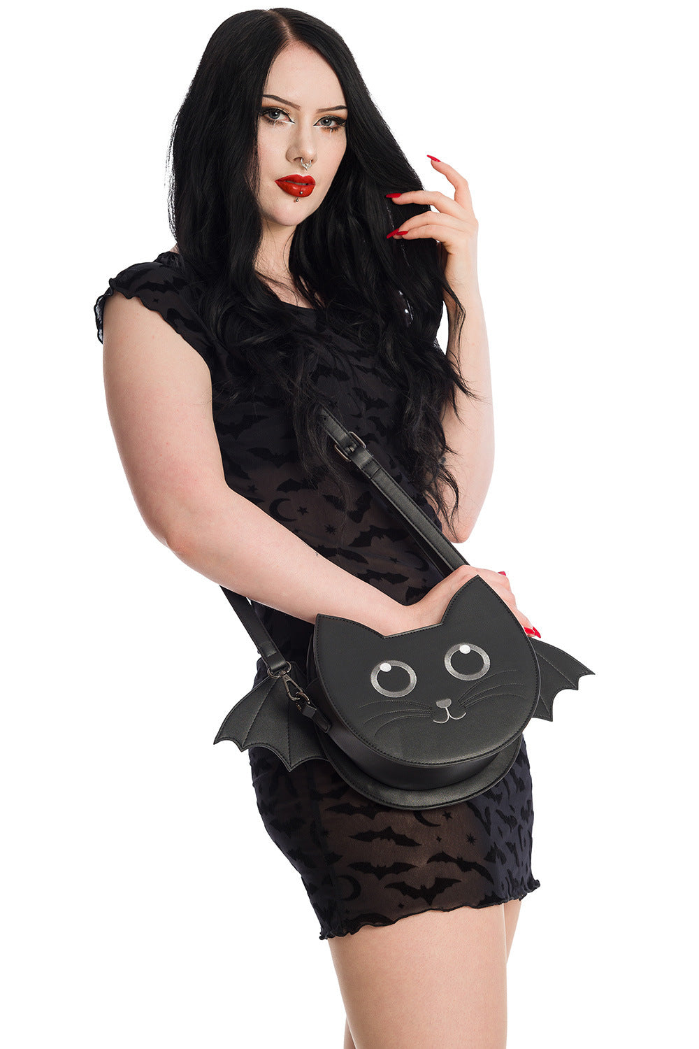 Lost Queen Women's Wendigo Shoulder Bag Cute Black Cat Bat Crossbody Purse