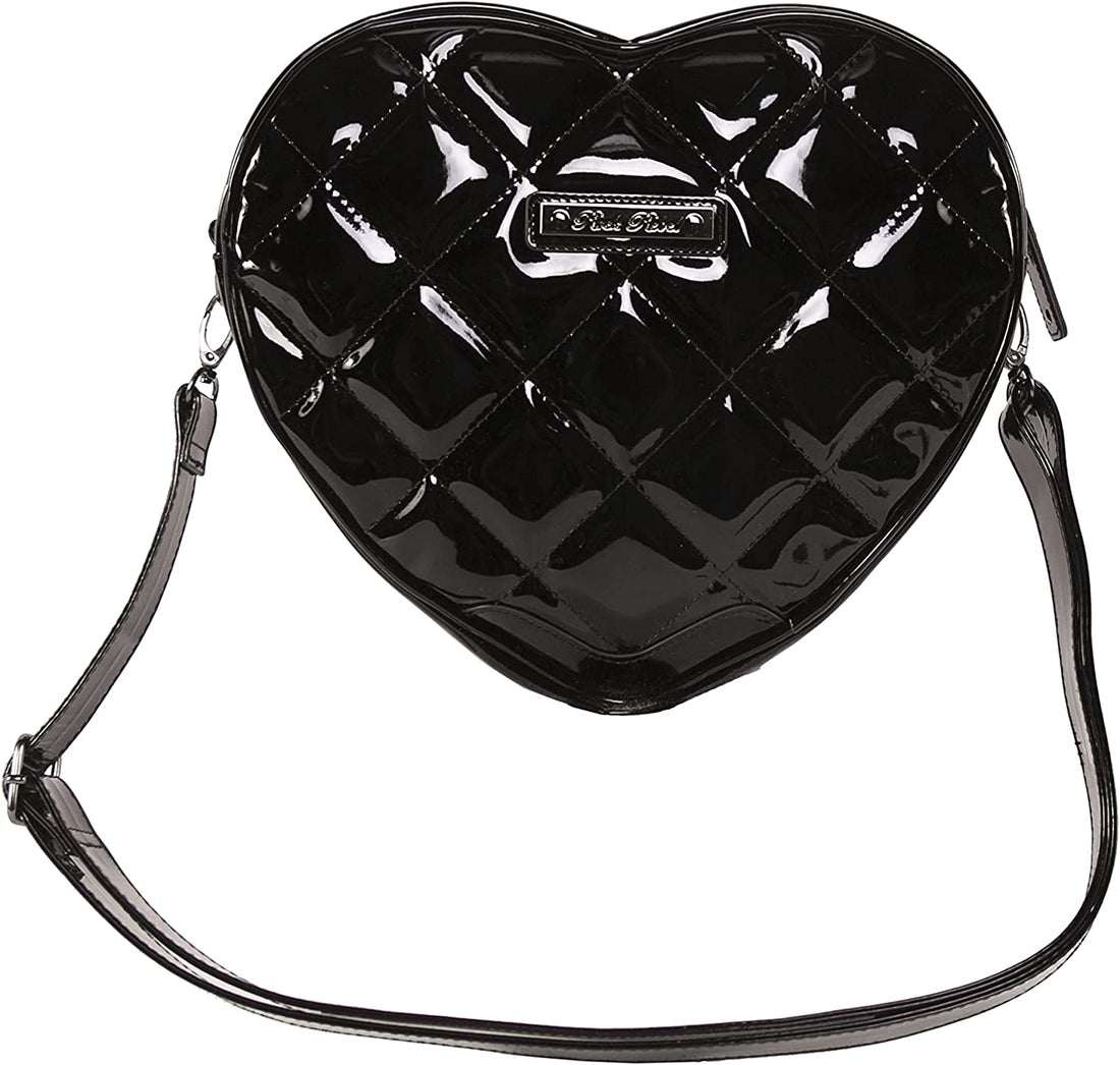 Quilted Flying Bat Studded Mina Women’s Shoulder Bag Heart Shaped Dracula Purse (Glossy Black)