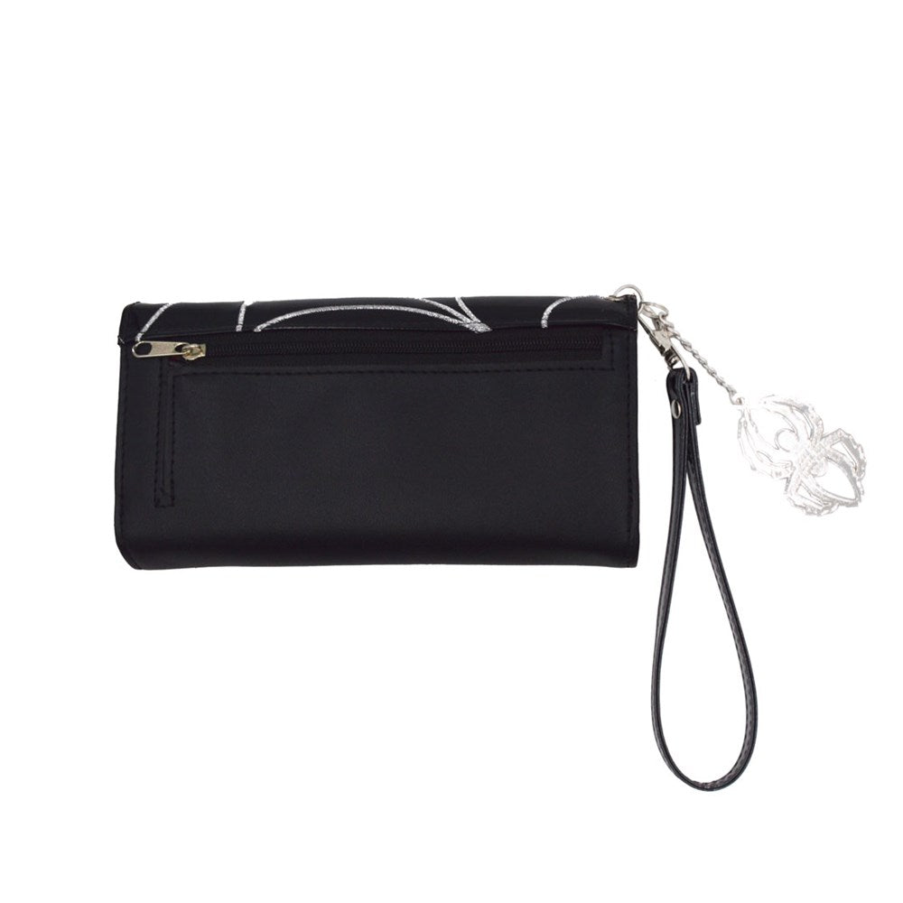 Elvira Women’s Spiderweb Flap Trifold Wristlet Wallet Macabre Mobile Silver Edition Clutch
