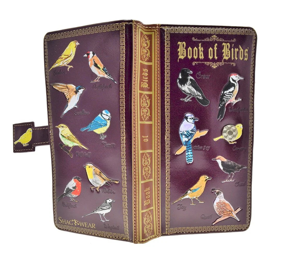 Book of Birds Large Faux Leather Wallet  7.5" Burgundy
