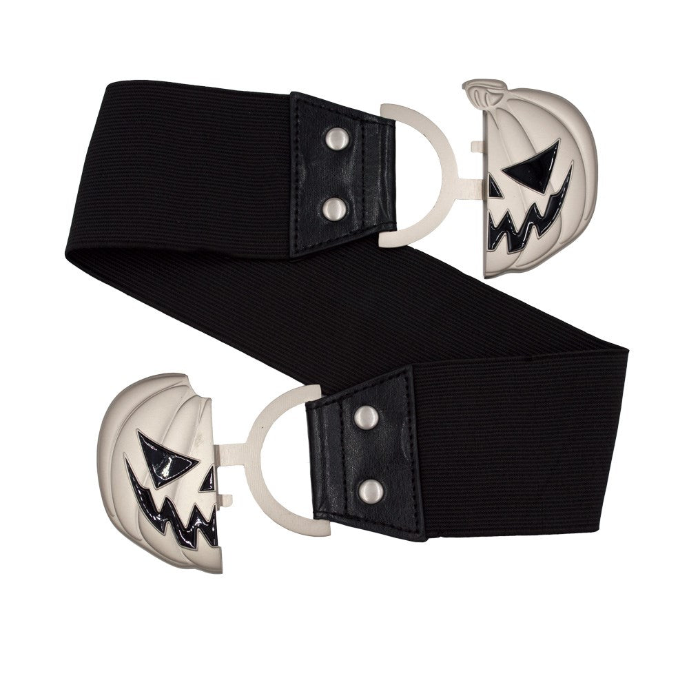 Black elastic pumpkin belt with the silver-tone jack-o’-lantern clasp open, showing its two-piece closure.