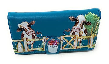 Shag Wear Barnyard Cows Large Wallet for Women 7" Teal