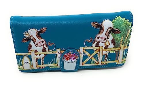 Shag Wear Barnyard Cows Large Wallet for Women 7" Teal