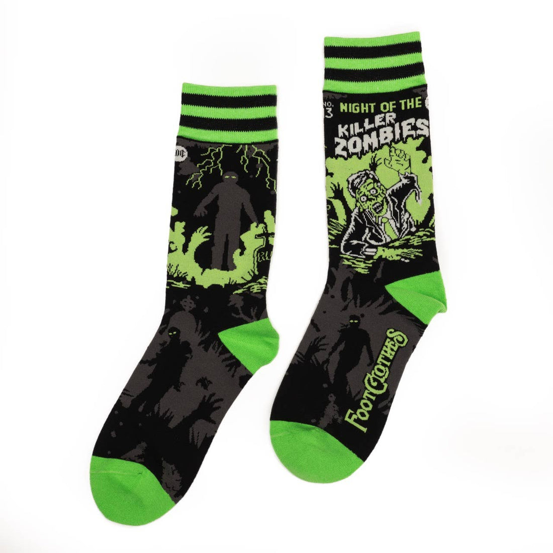 Night of the Killer Zombies Crew Socks front view — horror zombie design on gothic novelty crew sock