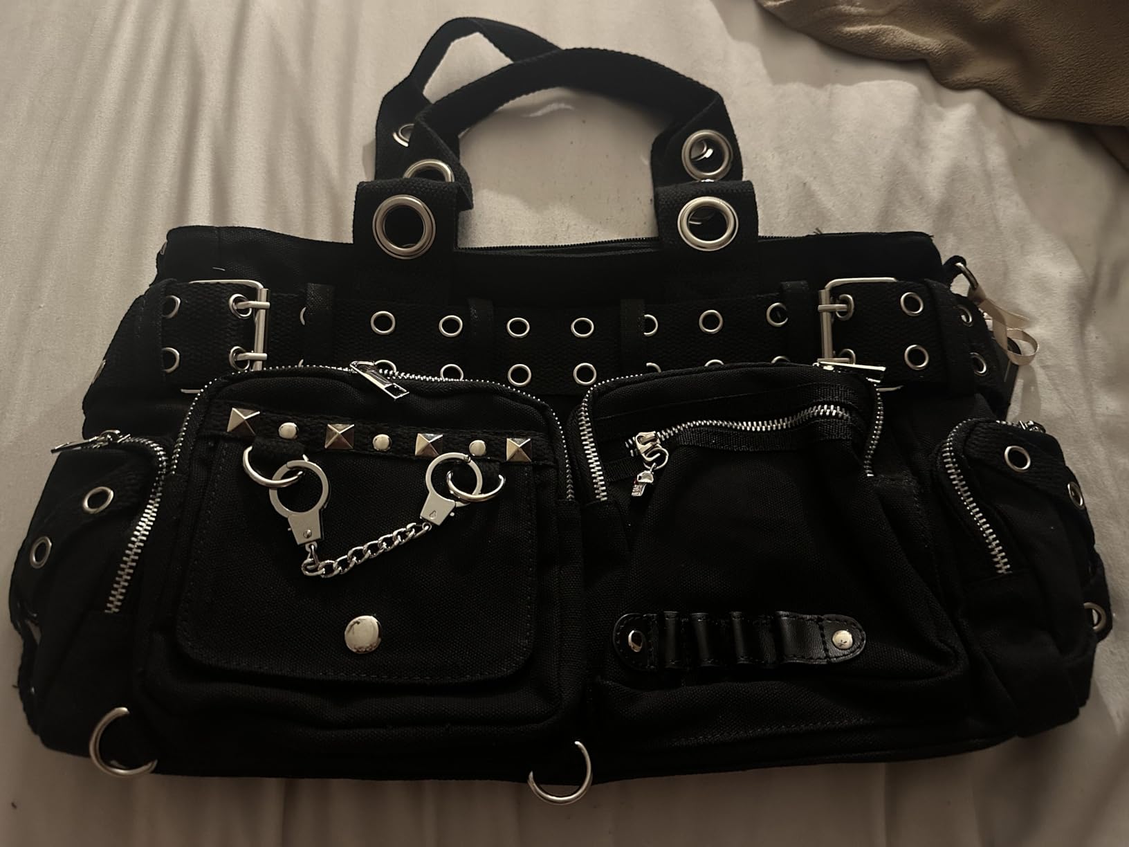 Lost Queen Goth Punk Rock Black Handbag with Handcuff Skull & Charm