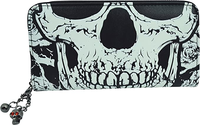 Lost Queen Gothic Death Skull Face Glow in the Dark Zip Around Wallet, Black, Large