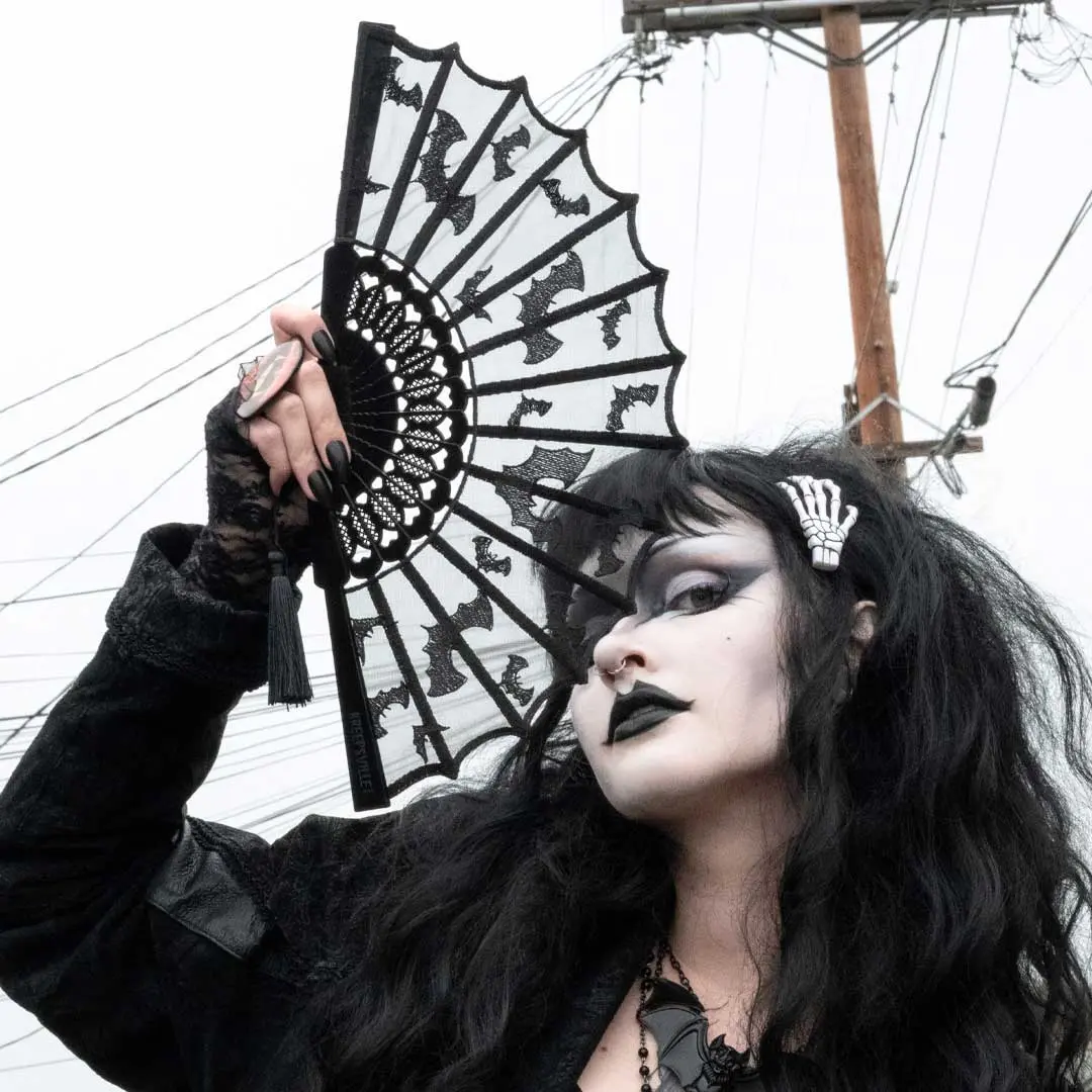 Bats and Lace Hand Fan - Gothic Bat Folding Fan for Ghoulish Glamour