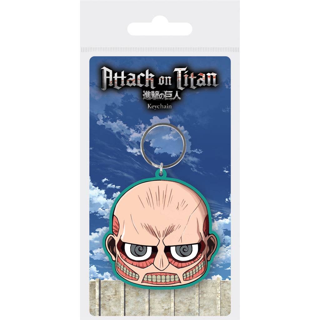 Official anime Keychain packaging featuring 'Attack on Titan' with a character design on a blue sky background.  The Colossal Chibi face is approximately 2 inches.