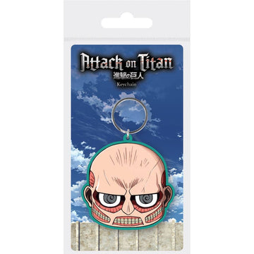 Official anime Keychain packaging featuring 'Attack on Titan' with a character design on a blue sky background.  The Colossal Chibi face is approximately 2 inches.