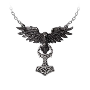 Alchemy Hrafnhamerr Pendant Necklace of Raven with Mjolnir, Hammer of Thor