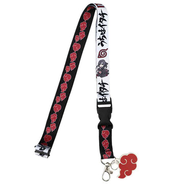 A Naruto Akatsuki themed lanyard strap with a red cloud keychain, featuring the Akatsuki logo, ninja symbols, and a character illustration on a white and black background.