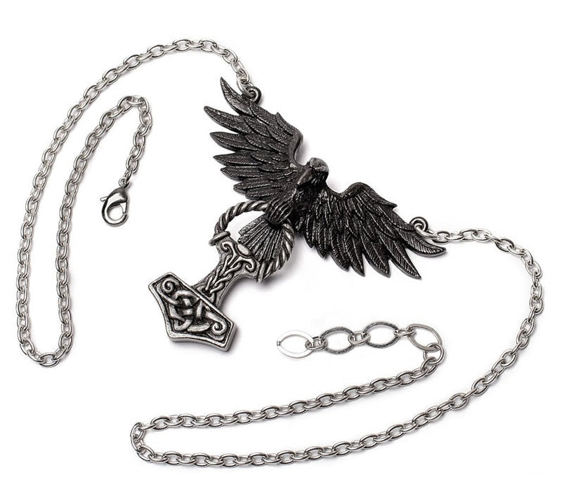 Alchemy Hrafnhamerr Pendant Necklace of Raven with Mjolnir, Hammer of Thor