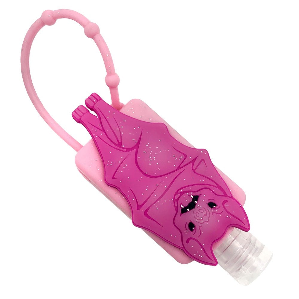 Glittery Pink Bat Hand Sanitizer Holder with Empty Refillable Bottle