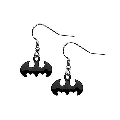 Women's Stainless Steel IP Black Hook Dangling Batman Earrings.