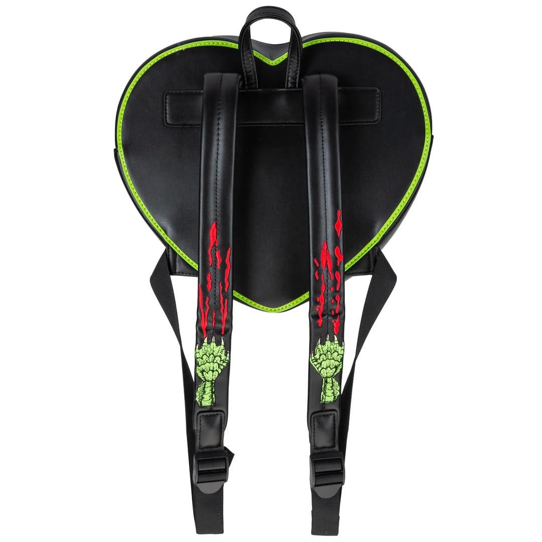 A heart-shaped black backpack featuring a colorful retro-style graphic of the Gillman holding a woman in water, with the text 'Creature from the Black Lagoon' on the front. The backpack has bright green piping and black shoulder straps, shown against a plain white background.