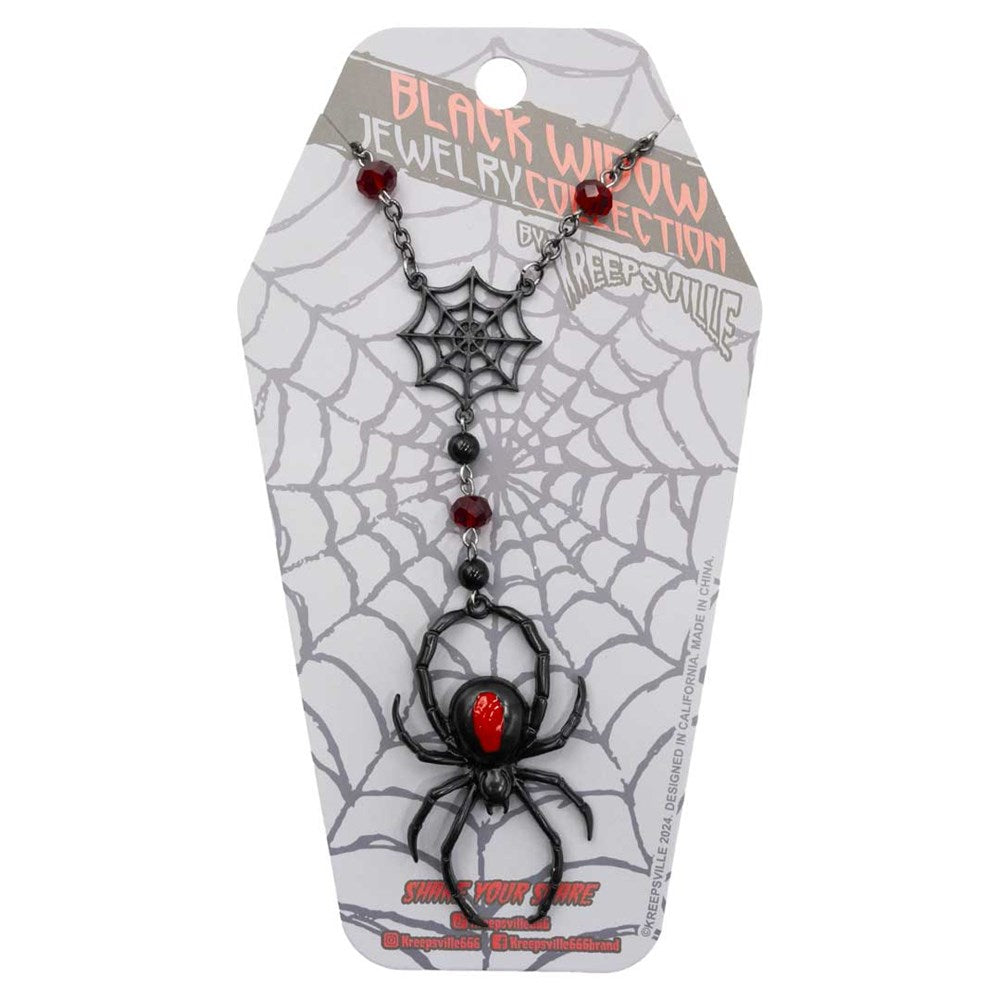 Black Widow Rosary Necklace on 24" Chain  & 2" Spider Charm Gothic Beaded Jewelry