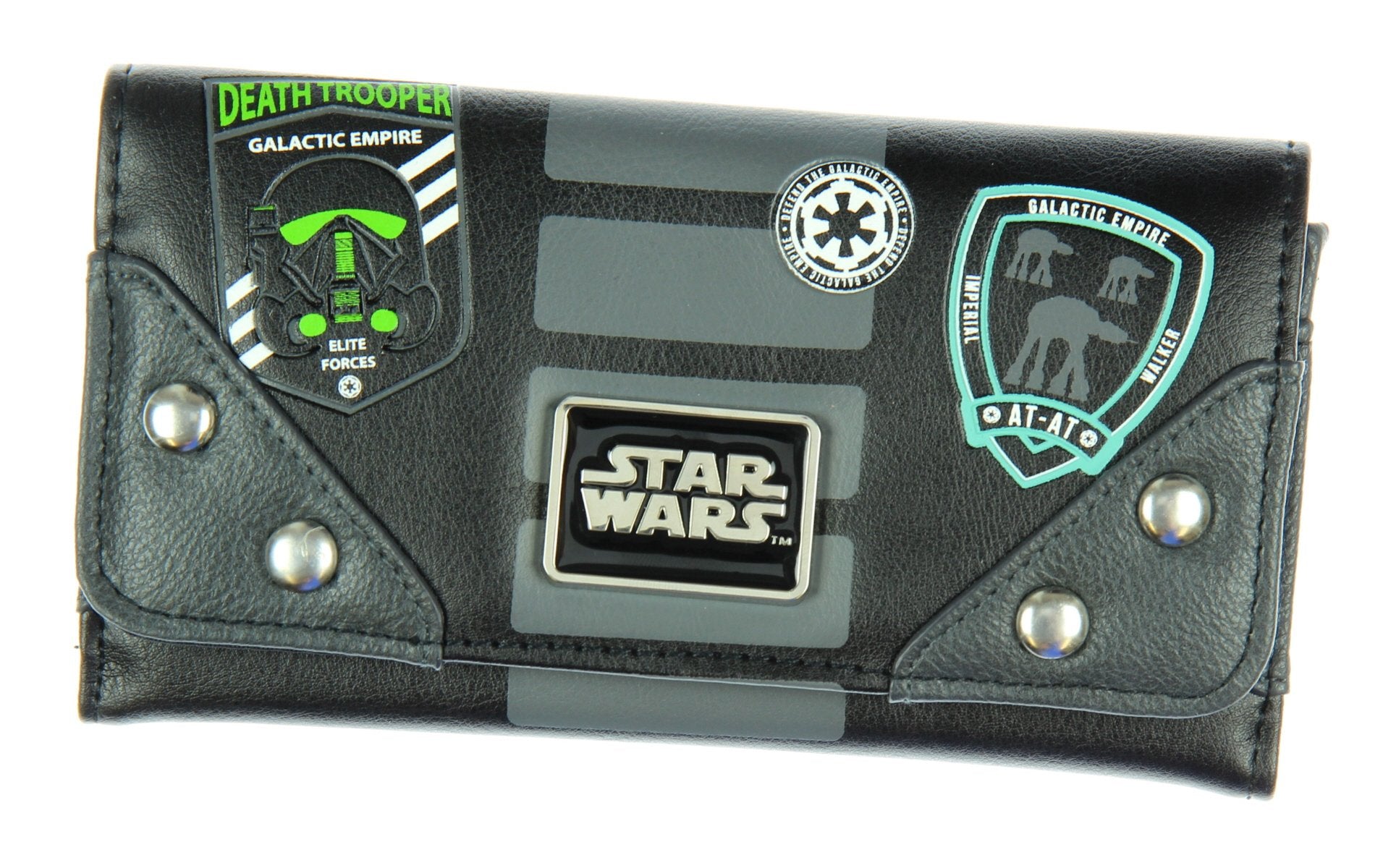 Front view of Star Wars Rogue One Empire-themed flap wallet featuring Galactic Empire and Death Trooper design.