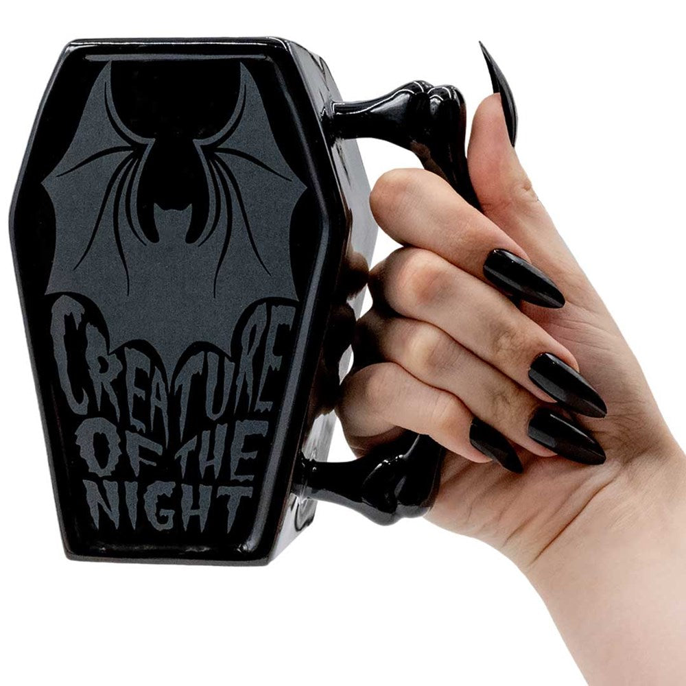 Black Bat Coffee Mug Coffin Shaped with Bone Handle Creature Of Night