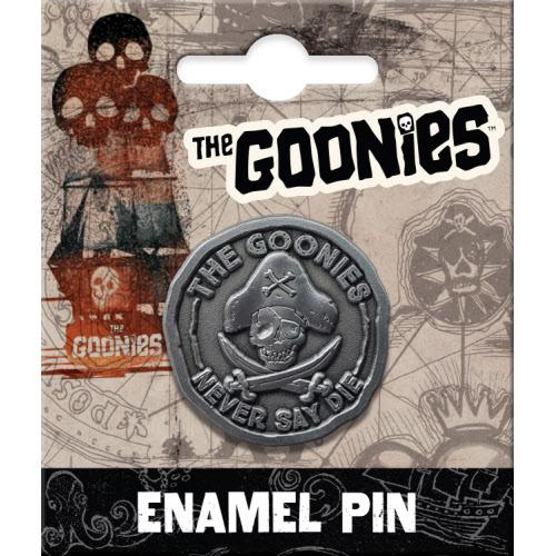 Official Goonies Never Say Die enamel pin on backing card, pirate doubloon collectible pin, retro 80s movie gift for fans