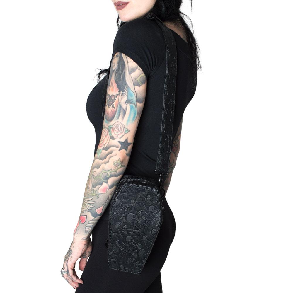 Our coffin-shaped bag can be worn as a shoulder bag as shown