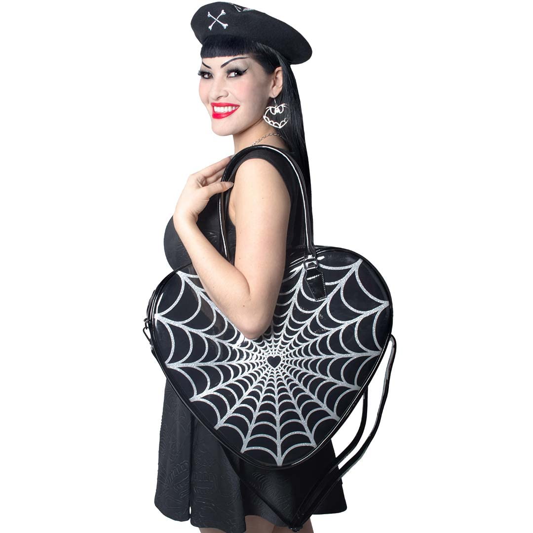Gothic Spiderweb Sparkle Heart Handbag Large Crossbody Purse