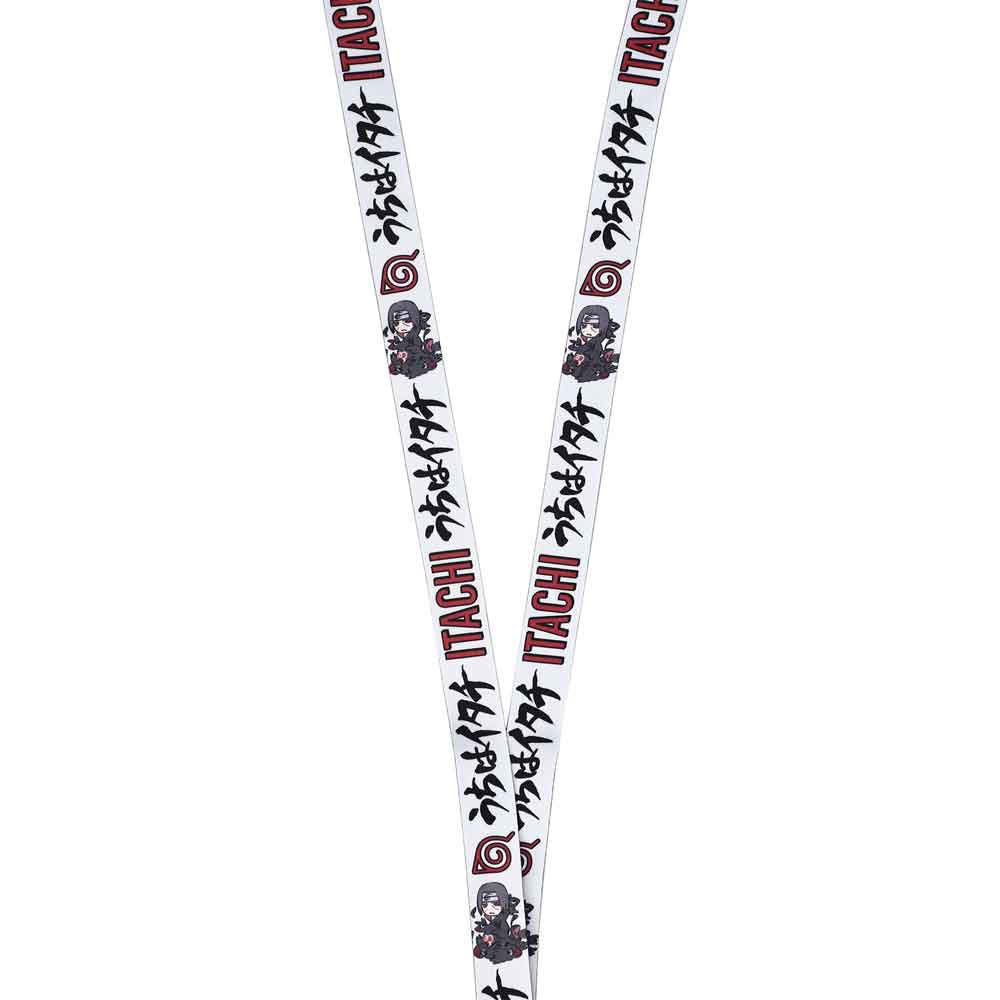 A white lanyard strap featuring repeating red and black printed graphics, including the text 'ITACHI' and Naruto anime character illustrations, shown against a plain white background.