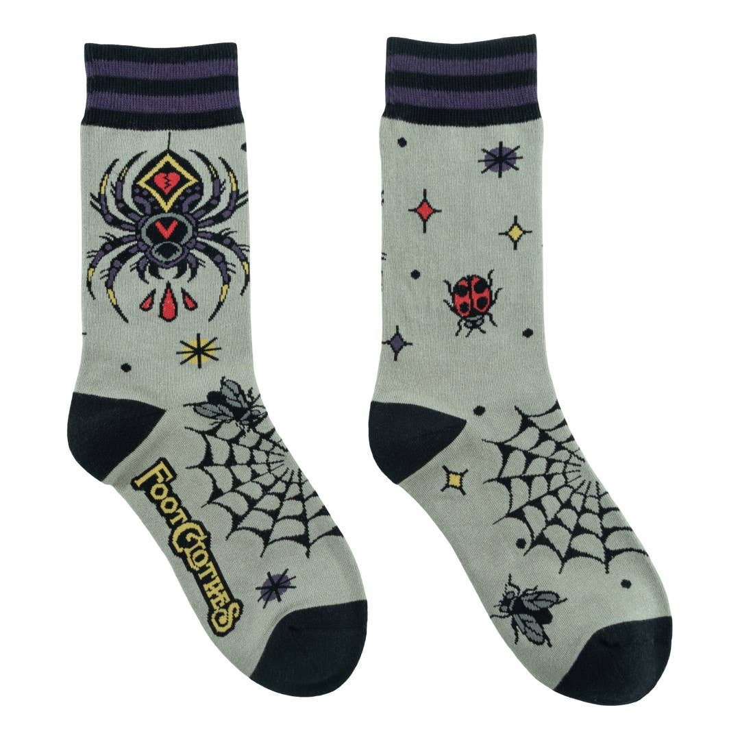 Widow's Web Crew Socks front view — gothic spider web design on dark novelty crew sock
