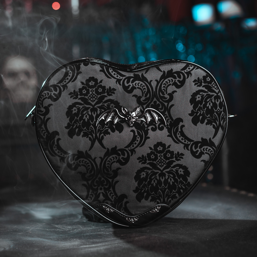 Black Velvet Damask Heart Shoulder Bag