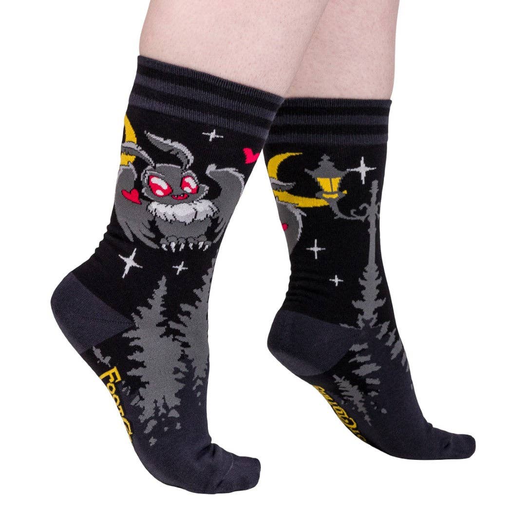 Cute Mothman Crew Socks front view — adorable kawaii Mothman cryptid design on gothic crew sock