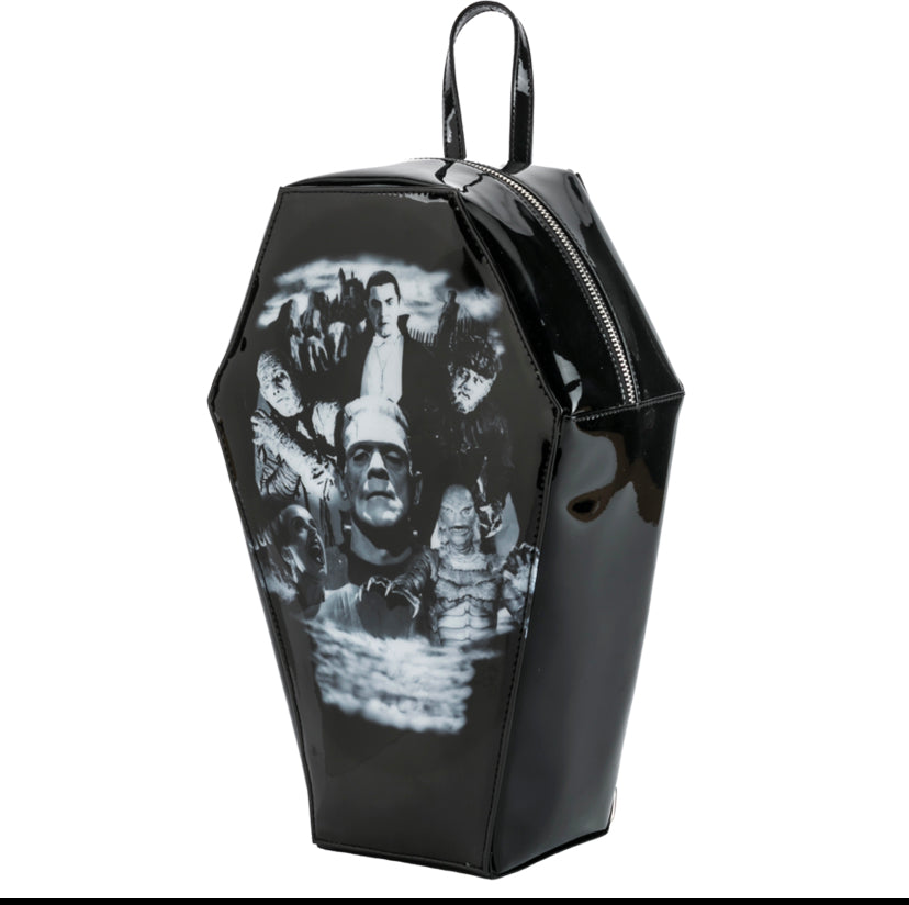 Universal Monsters Coffin Backpack with Frankenstein Dracula Bride Wolfman Mummy