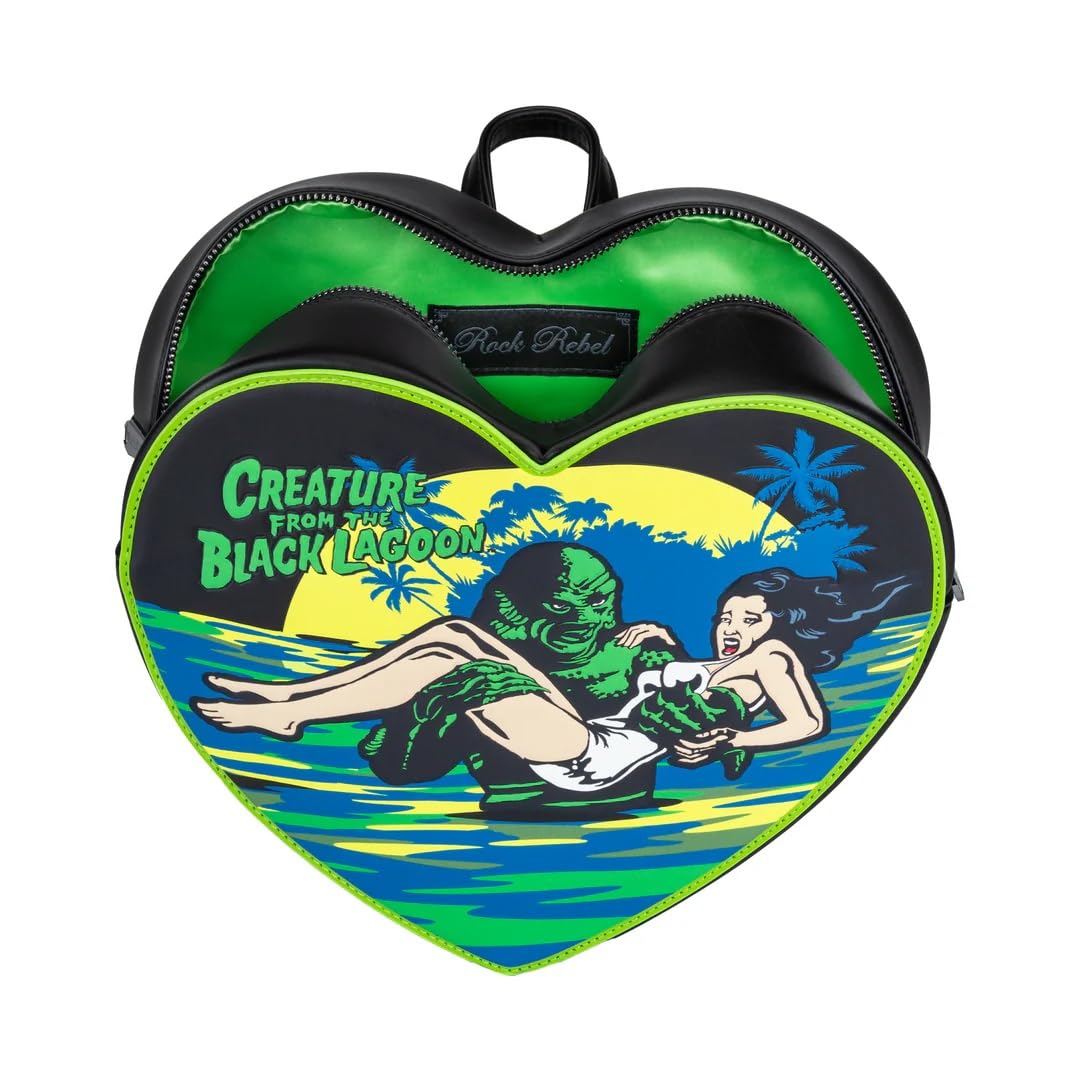 Top and interior view of our Creature From the Black Lagoon backpack.  The heart-shaped bag has a green nylon lining.  Zips closed.  Adjustable back straps.