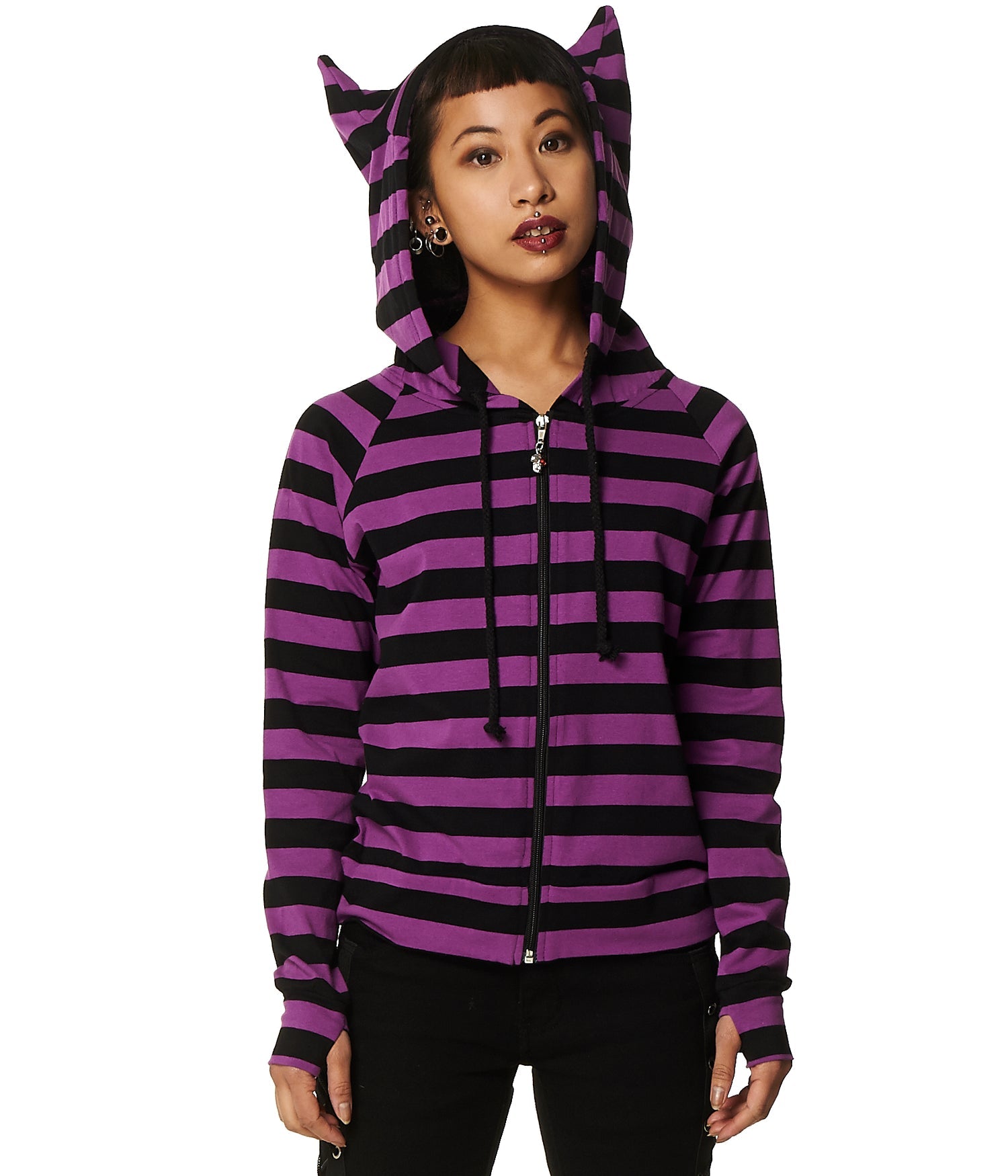 Cat Ears Striped Hoodie Womens Black Purple Stripe Zip Up Nekomimi Jacket