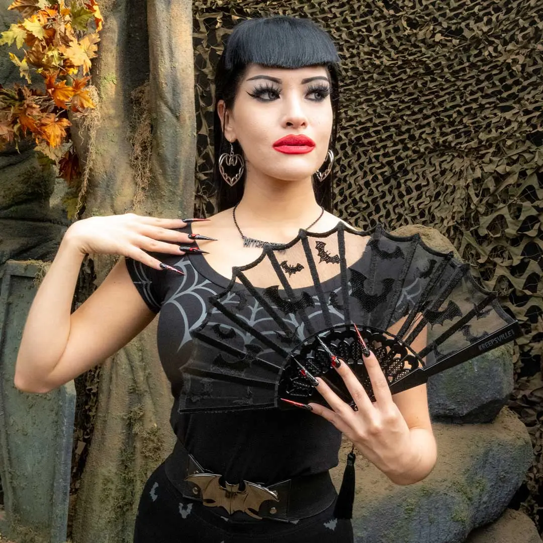 Bats and Lace Hand Fan - Gothic Bat Folding Fan for Ghoulish Glamour