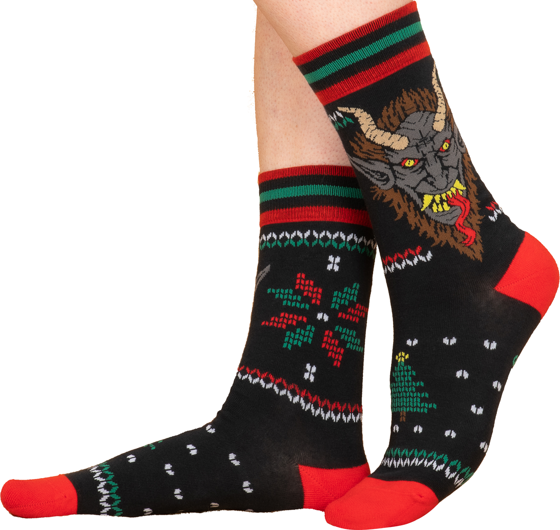 Krampus Sweater Crew Socks size chart — one size fits most adult sizes 6-13