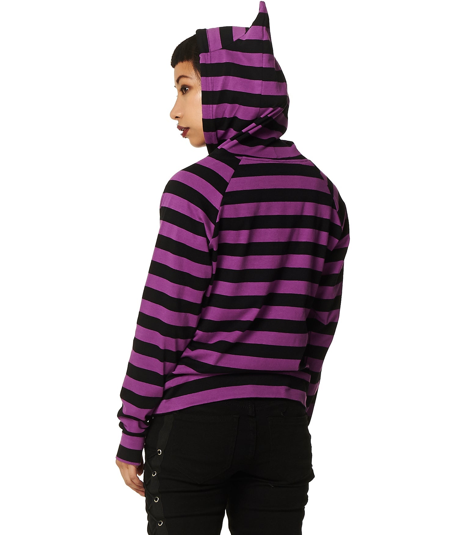 Cat Ears Striped Hoodie Womens Black Purple Stripe Zip Up Nekomimi Jacket