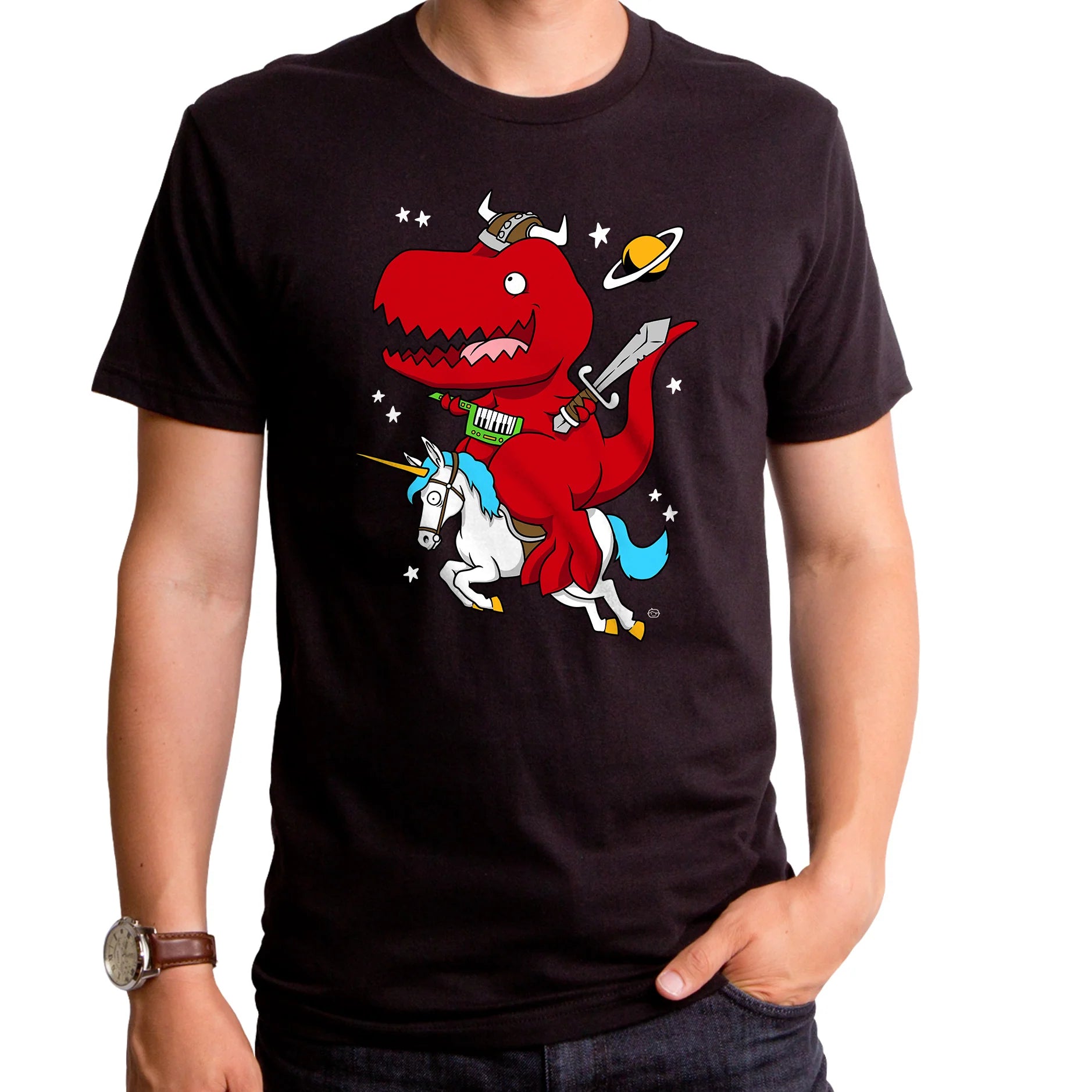Dino Fantasy Men's T-Shirt - T-Rex Riding a Unicorn