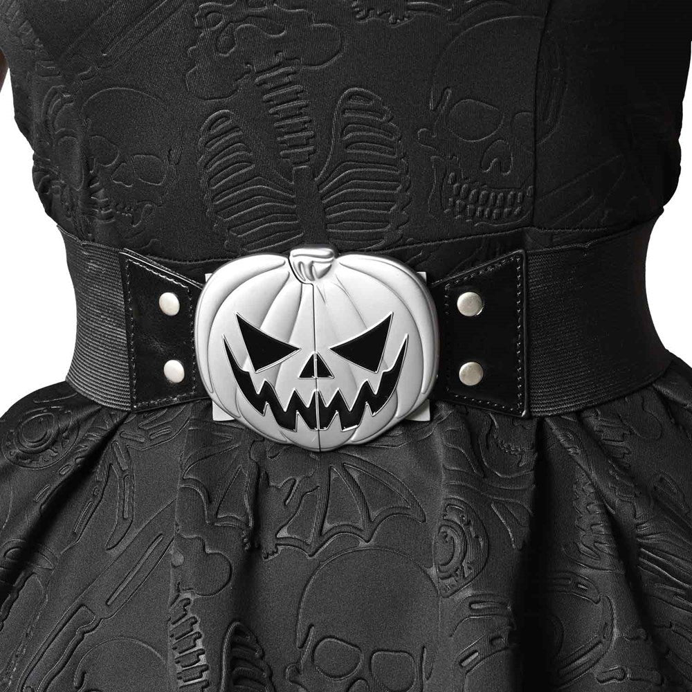 Silver-tone jack-o’-lantern buckle on a black elastic waist belt worn over our embossed black skeleton-and-bat patterned dress.