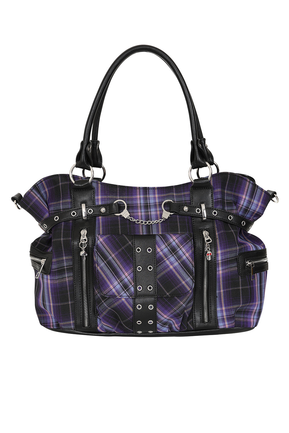 Rise Up Handcuff Goth Punk Rock Black and Purple Plaid Tartan Tote Crossbody Bag Women's Purse
