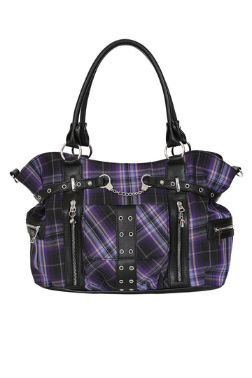 Rise Up Handcuff Goth Punk Rock Black and Purple Plaid Tartan Tote Crossbody Bag Women's Purse