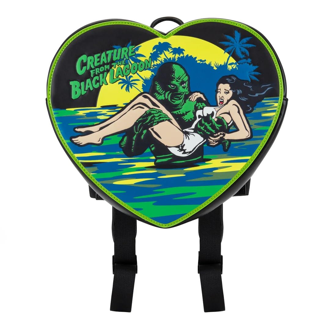 Our official Universal Monsters heart-shaped black backpack featuring a colorful retro-style graphic of the Gillman holding a woman in water, with the text 'Creature from the Black Lagoon' on the front. The backpack has bright green piping and black shoulder straps, shown against a plain white background.