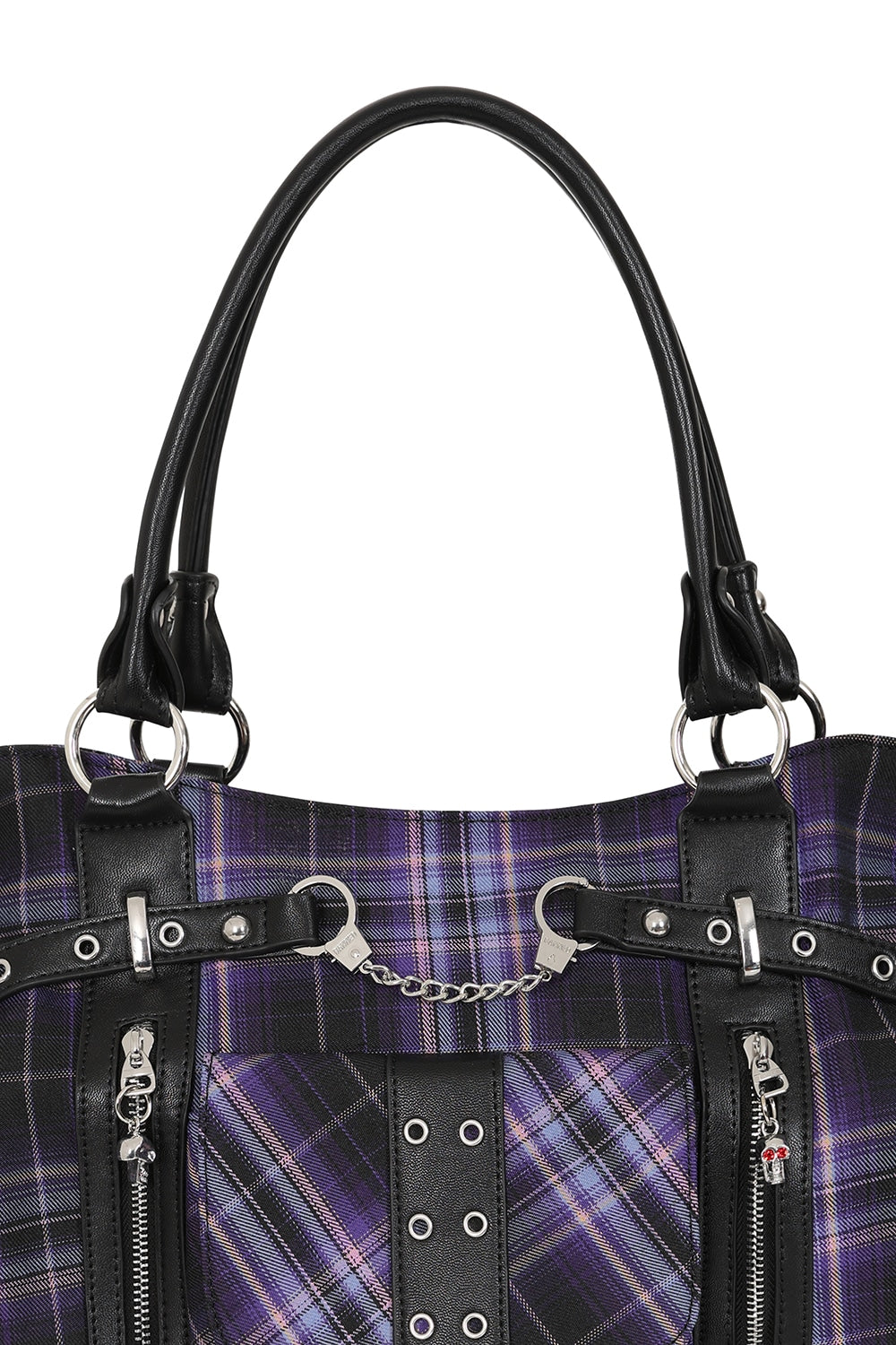 Rise Up Handcuff Goth Punk Rock Black and Purple Plaid Tartan Tote Crossbody Bag Women's Purse