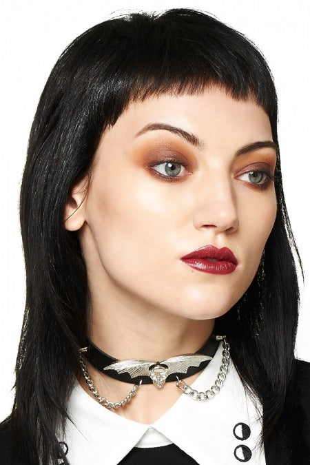 Gothic Winged Skull Women's Choker Adjustable Vegan Leather Necklace - Thunder